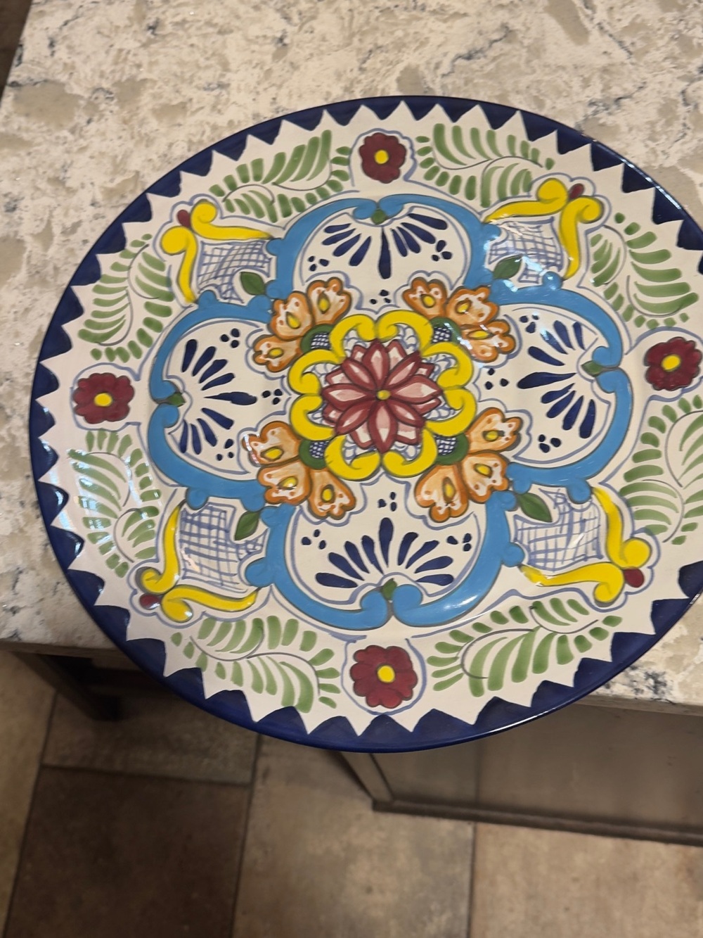 Hand-Painted Blue Floral Ceramic Wall Plate 16 inches from Mexico